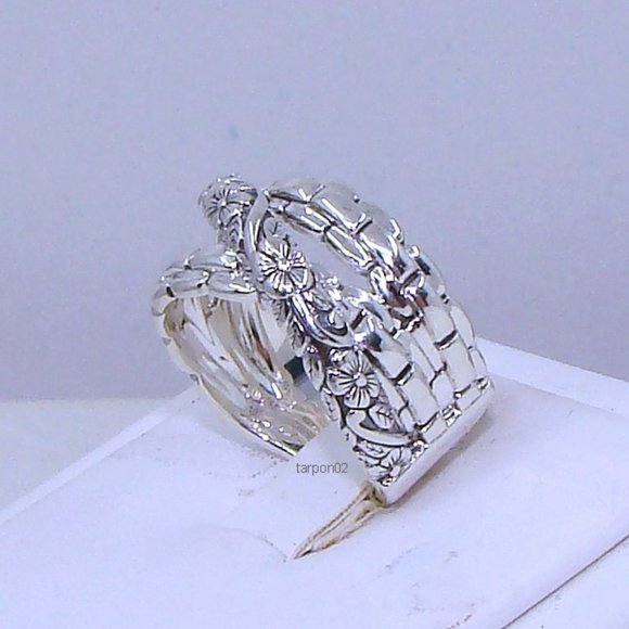 John Hardy JAI Wide Floral Carved Cross-Over Band Sterling Silver Ring - 6.5 - Picture 3 of 13